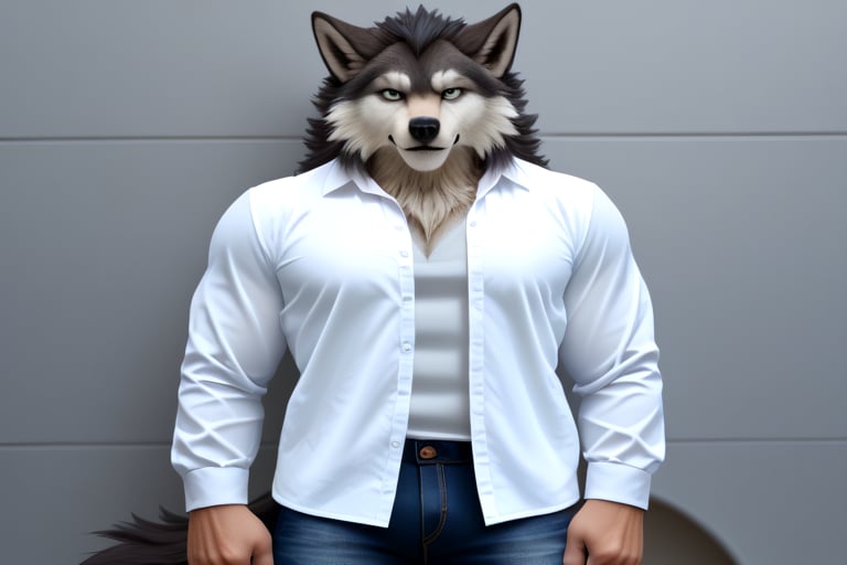 (masterpiece), best quality, solo, wolf, furry, expressive piersing blue eyes, perfect face, white wolf, anthropomorphic, athletic build, open white shirt, black denim, sharp ears and fluffy grey tail, nice furry  white short  protagonist hair , fullbody,  looking at viewer, hyperdetailed, 8k, sfw, cinematic 