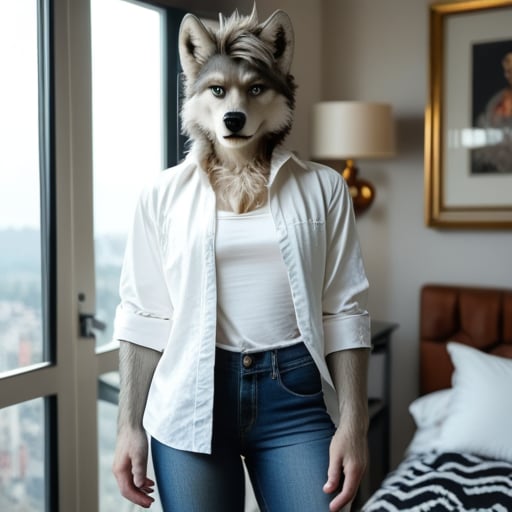 (masterpiece), best quality, solo, wolf, furry, expressive piersing blue eyes, perfect face, white wolf, anthropomorphic, athletic build, open white shirt, black denim, sharp ears and fluffy grey tail, nice furry  white short  protagonist hair , fullbody,  looking at viewer, hyperdetailed, 8k, sfw, cinematic 