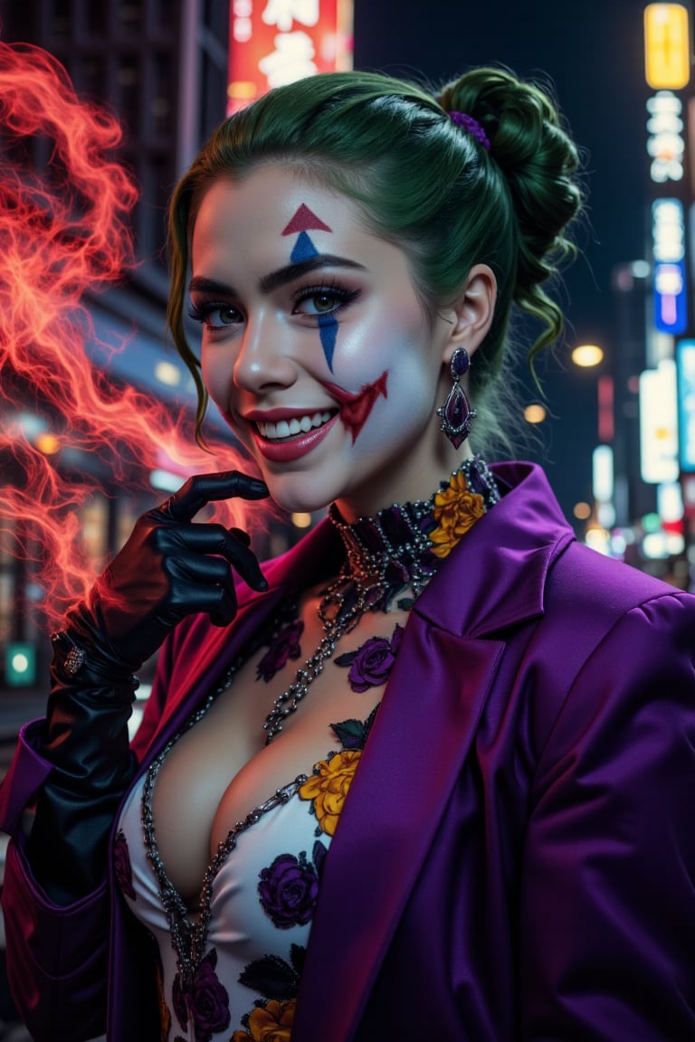 Art of a joker Joker's twisted grin wearing her ((makeup face:1.4)), purple ((her suit)), black glove, ((red smoke)), her ((green ponnytail bun hairstyle:1.3)), sexy pose, dark night, ((neon light city)), cyberpunk realistic city background 