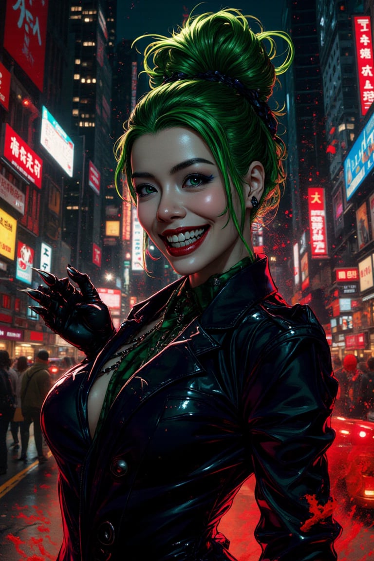 Art of a joker Joker's twisted grin wearing her ((makeup face:1.4)), ((her suit)), ((black skrit)), black sharp claw with glove, ((red smoke)), her ((green ponnytail bun hairstyle:1.3)), sexy pose, dark night, ((neon light city)), cyberpunk realistic city background 