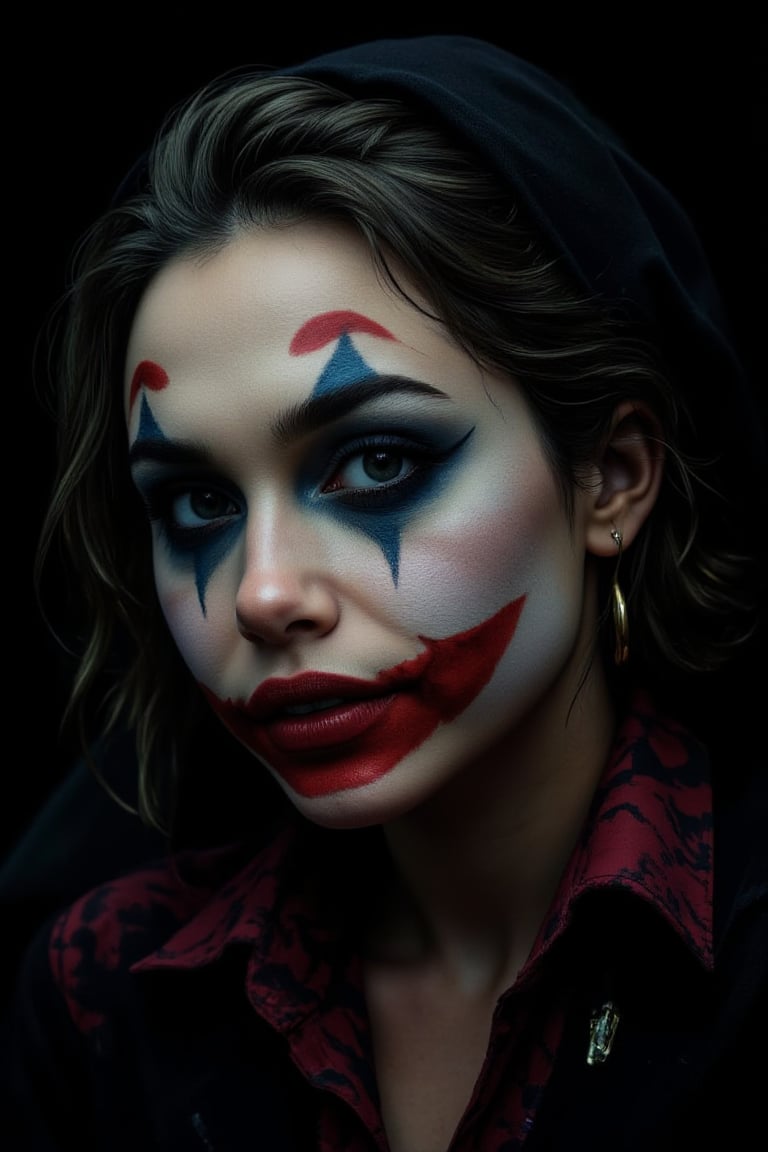 A woman detailed illustration, illustration by Serpieri, best quality, masterpiece, portrait of The Joker (Batman, Heath Ledger), dramatic lighting, chiascuro, light hitting one side of the face, High Definition HD, High Detail, Perfect Composition, mythp0rt