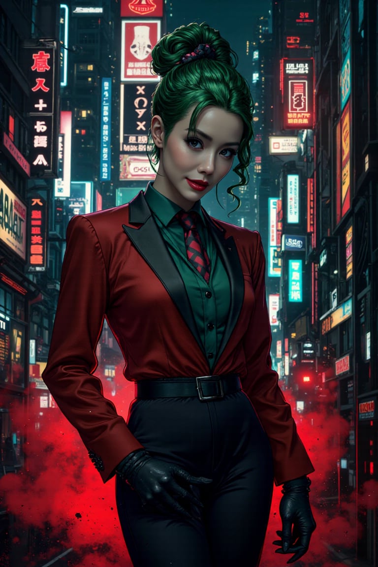 Art of a joker Joker's twisted grin wearing her ((makeup face:1.4)), ((her suit)), ((black skrit)), black sharp claw with glove, ((red smoke)), her ((green ponnytail bun hairstyle:1.3)), sexy pose, dark night, ((neon light city)), cyberpunk realistic city background 