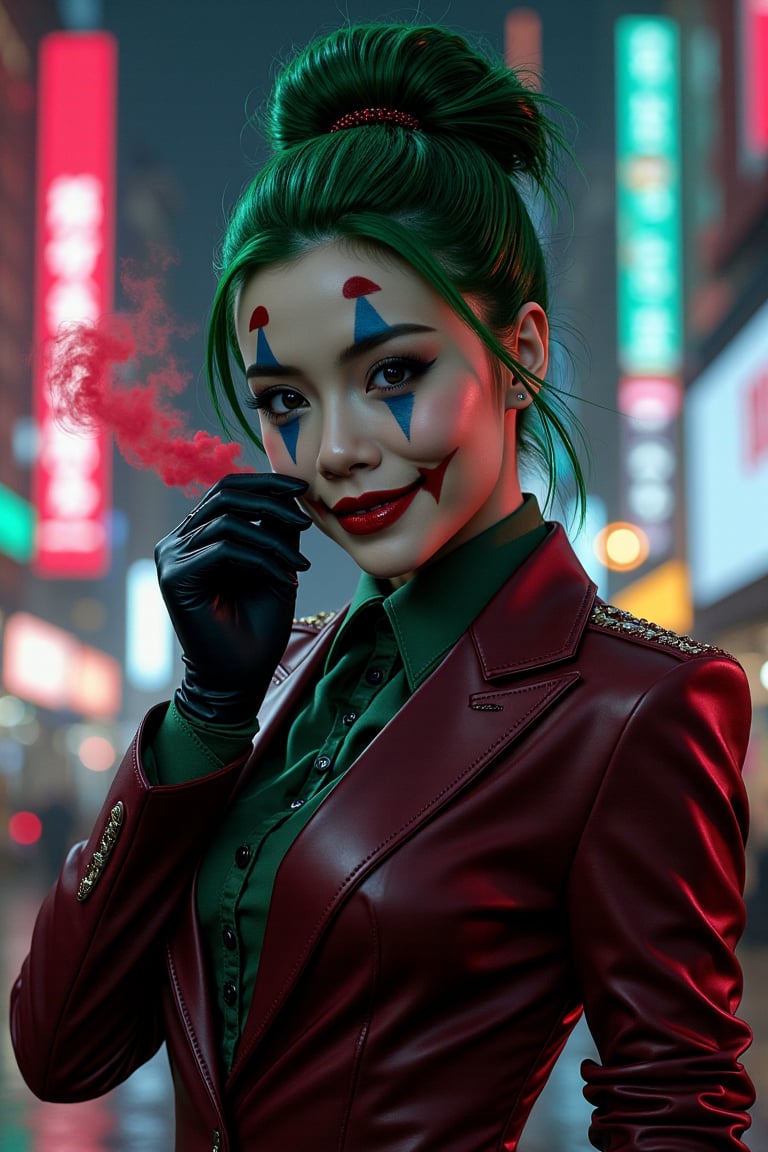 Art of a joker Joker's twisted grin wearing her ((makeup face:1.3)),  ((her suit)), ((black skrit)), blavk glove, ((red smoke)), her ((green ponnytail bun hairstyle:1.5)), sexy pose, dark night, ((neon light city)), cyberpunk realistic city background 