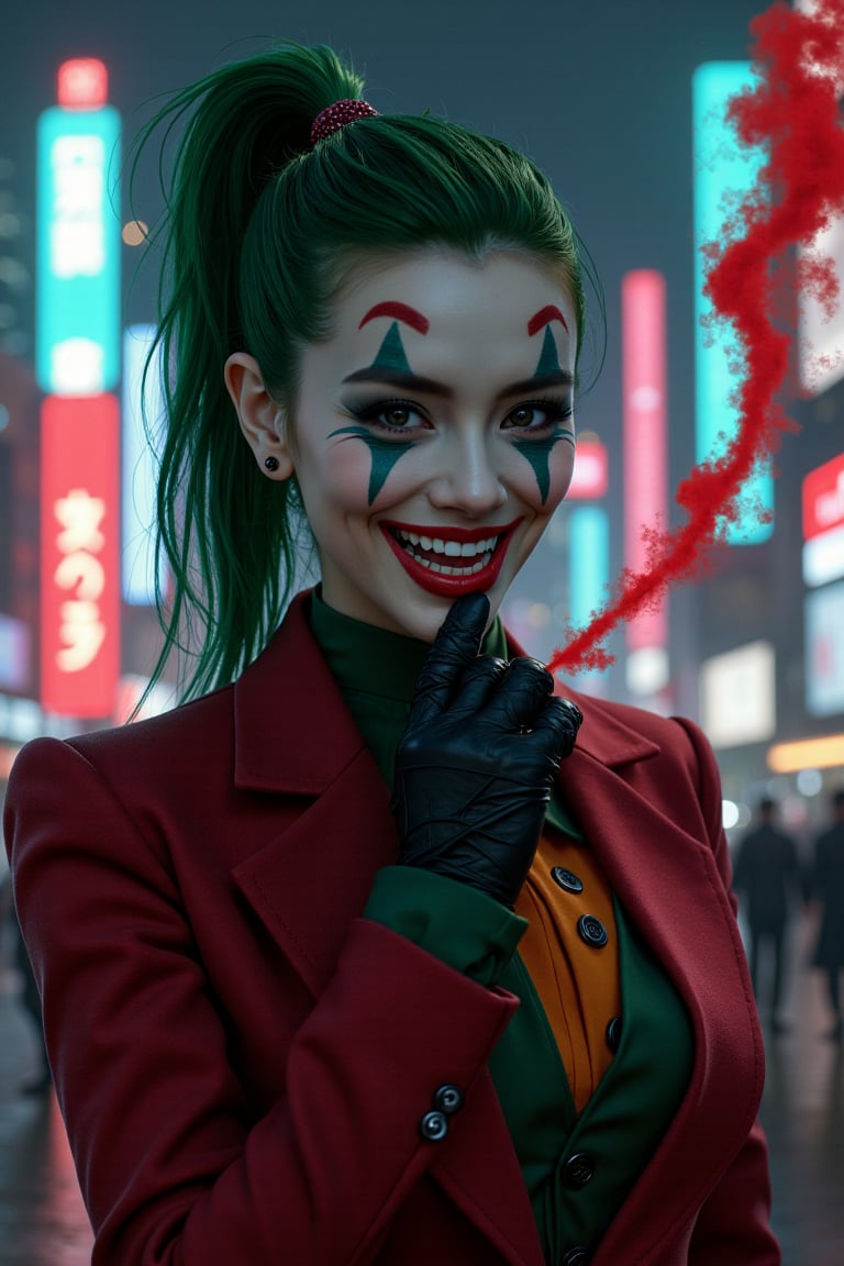 Art of a joker Joker's twisted grin wearing her ((makeup face:1.3)),  ((her suit)), ((black skrit)), blavk glove, ((red smoke)), her ((green ponnytail bun hairstyle:1.5)), sexy pose, dark night, ((neon light city)), cyberpunk realistic city background 