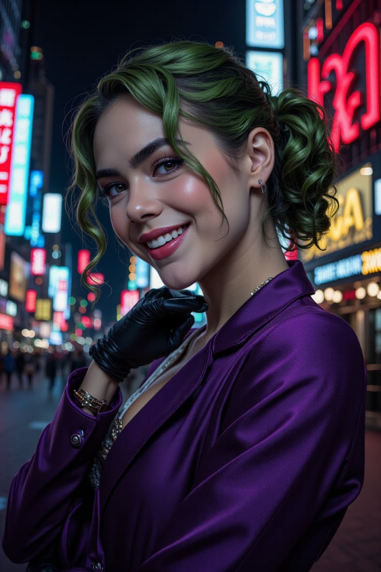 Art of a joker Joker's twisted grin wearing her ((makeup face:1.4)), purple ((her suit)), black glove, ((red smoke)), her ((green ponnytail bun hairstyle:1.3)), sexy pose, dark night, ((neon light city)), cyberpunk realistic city background 