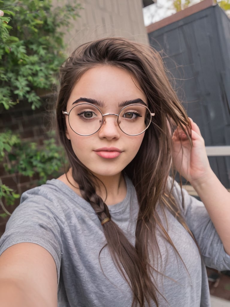 21 yo american instagram influencer, brunette, (wire rim glasses:1.4), capture this image with a high resolution photograph using an 85mm lens for a flattering perspective
