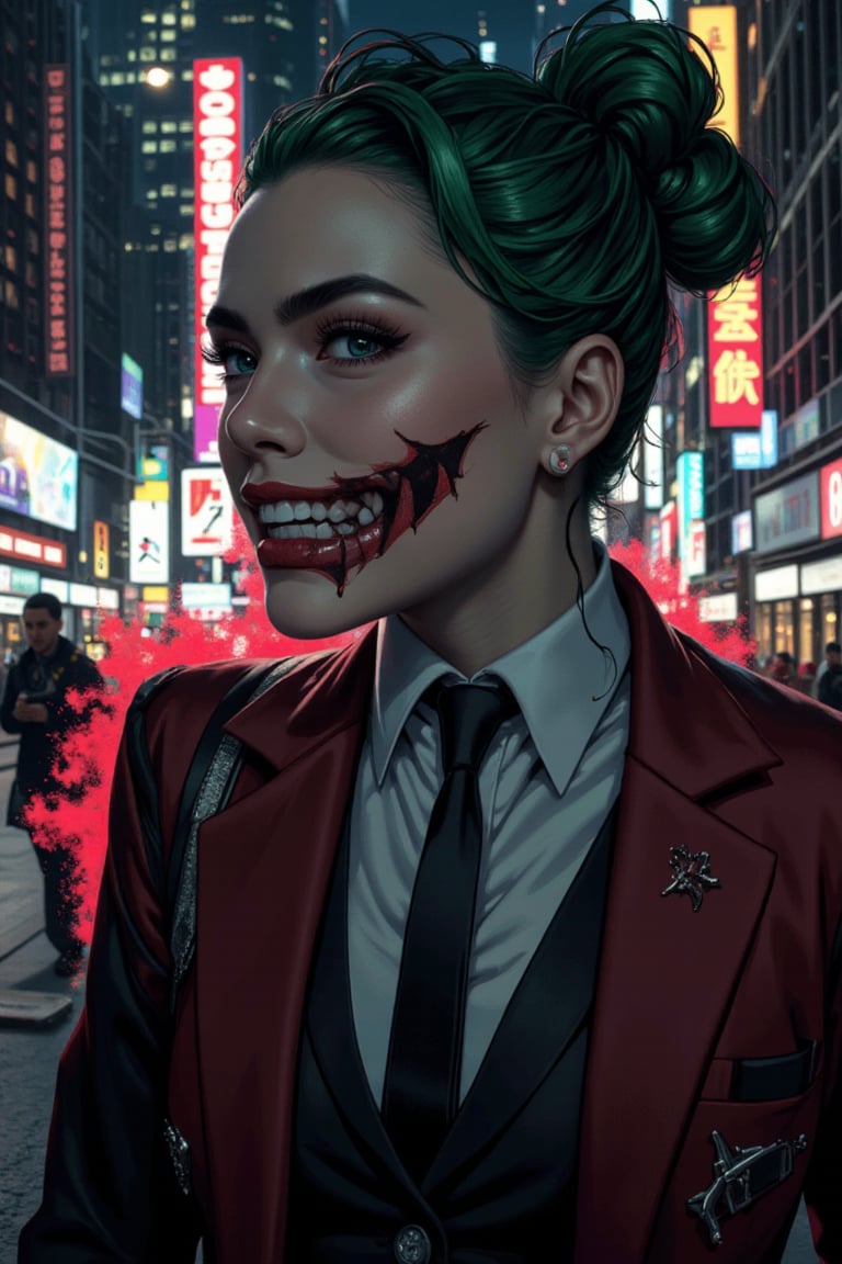 Art of a joker Joker's twisted grin wearing her ((makeup face:1.4)), ((her suit)), white glove, ((red smoke)), her ((green ponnytail bun hairstyle:1.3)), sexy pose, dark night, ((neon light city)), cyberpunk realistic city background 