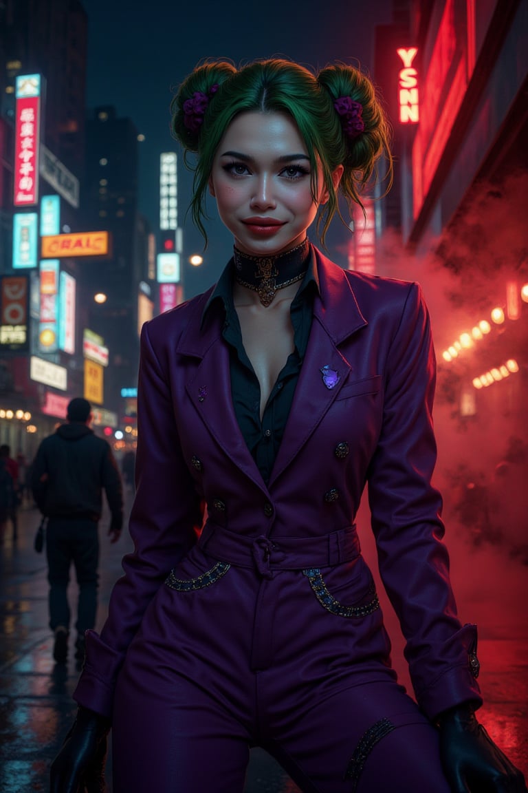 Art of a joker Joker's twisted grin wearing her ((makeup face:1.4)), purple ((her suit)), black glove, ((red smoke)), her ((green ponnytail bun hairstyle:1.3)), sexy pose, dark night, ((neon light city)), cyberpunk realistic city background 