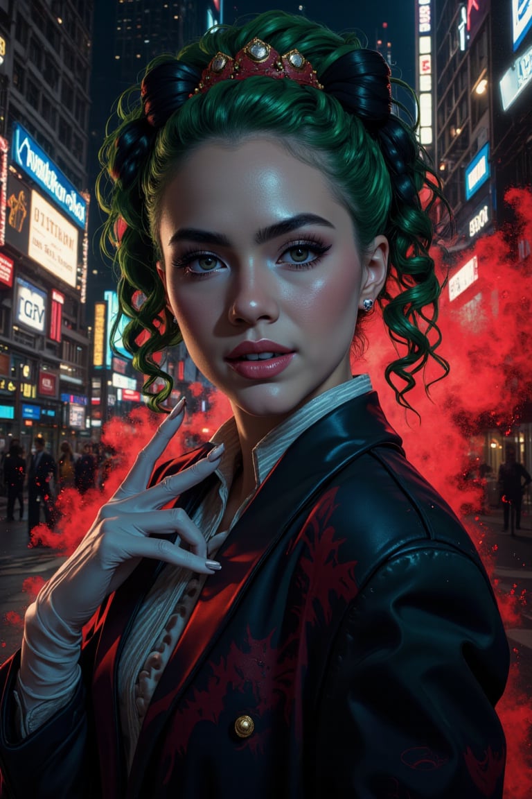 Art of a joker Joker's twisted grin wearing her ((makeup face:1.4)), ((her suit)), white glove, ((red smoke)), her ((green ponnytail bun hairstyle:1.3)), sexy pose, dark night, ((neon light city)), cyberpunk realistic city background 