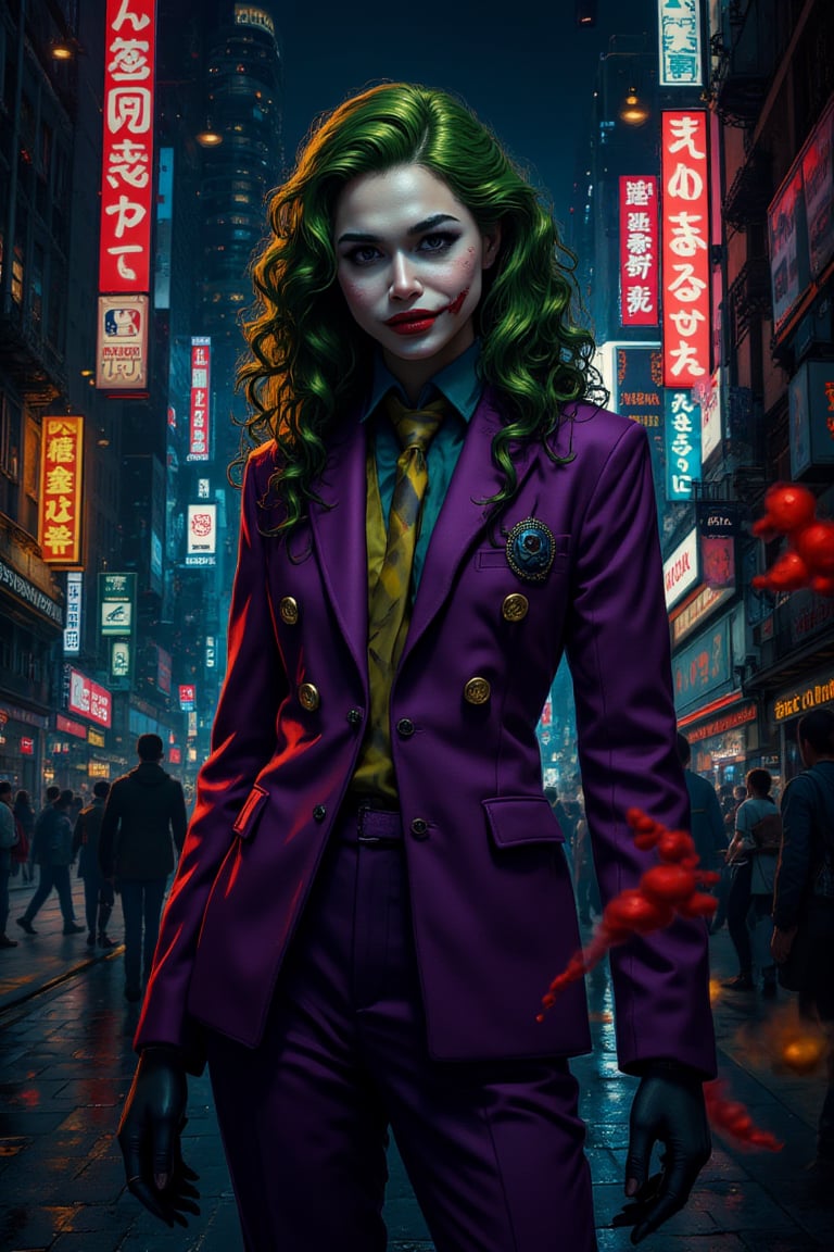 Art of a joker Joker's twisted grin wearing her makeup face, joker face makeup, purple her suit, black glove, red smoke, her green messy long hairstyle, serious badas pose, dark night, neon light city, cyberpunk realistic city background 