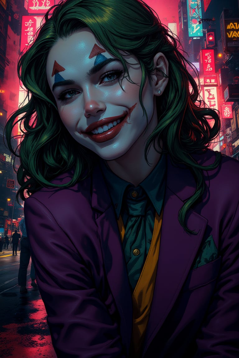 Art of a joker Joker's twisted grin wearing her makeup face, joker face make up, purple her suit, black glove, red smoke, her green messy long hairstyle, serious badas pose, dark night, neon light city, cyberpunk realistic city background 