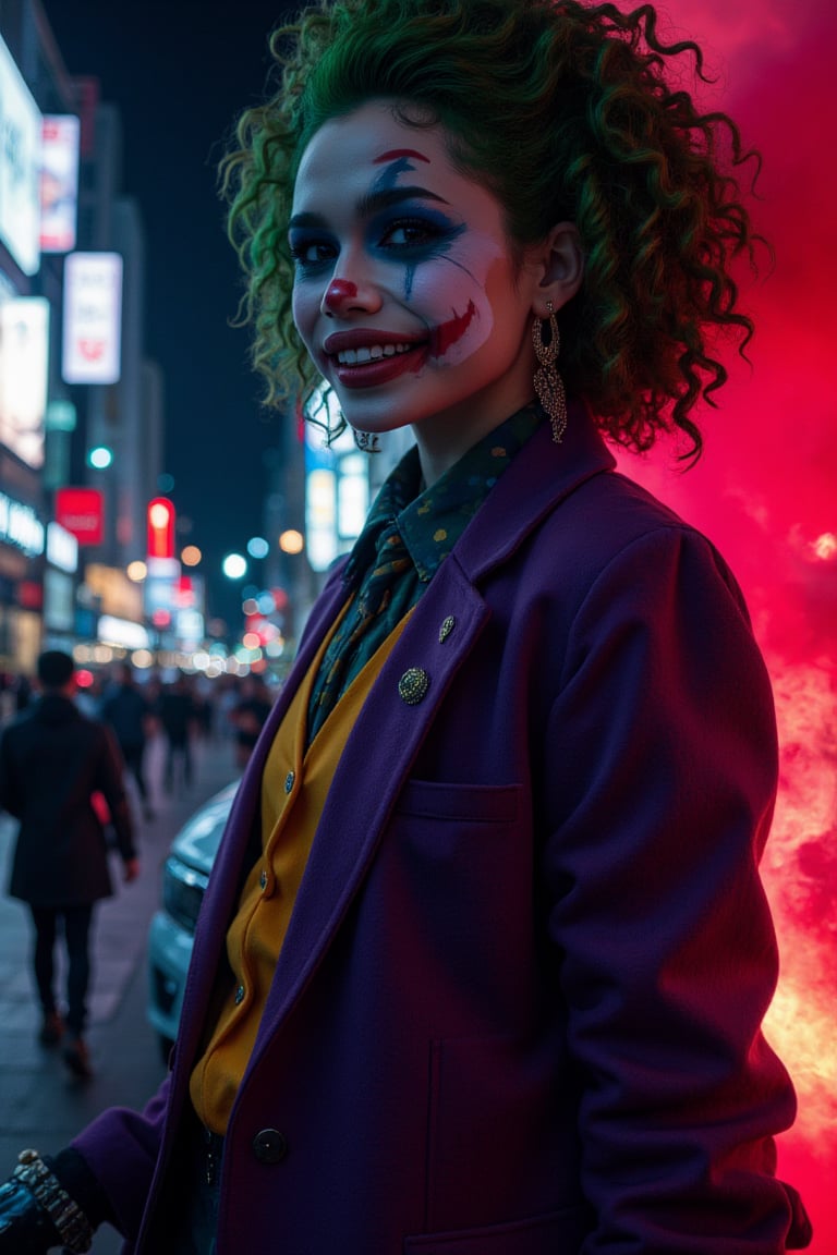 Art of a joker Joker's twisted grin wearing her makeup face, joker face make up, purple her suit, black glove, red smoke, her green messy afro hairstyle, serious pose, dark night, neon light city, cyberpunk realistic city of "KUALA LUMPUR" MALAYSIA background 