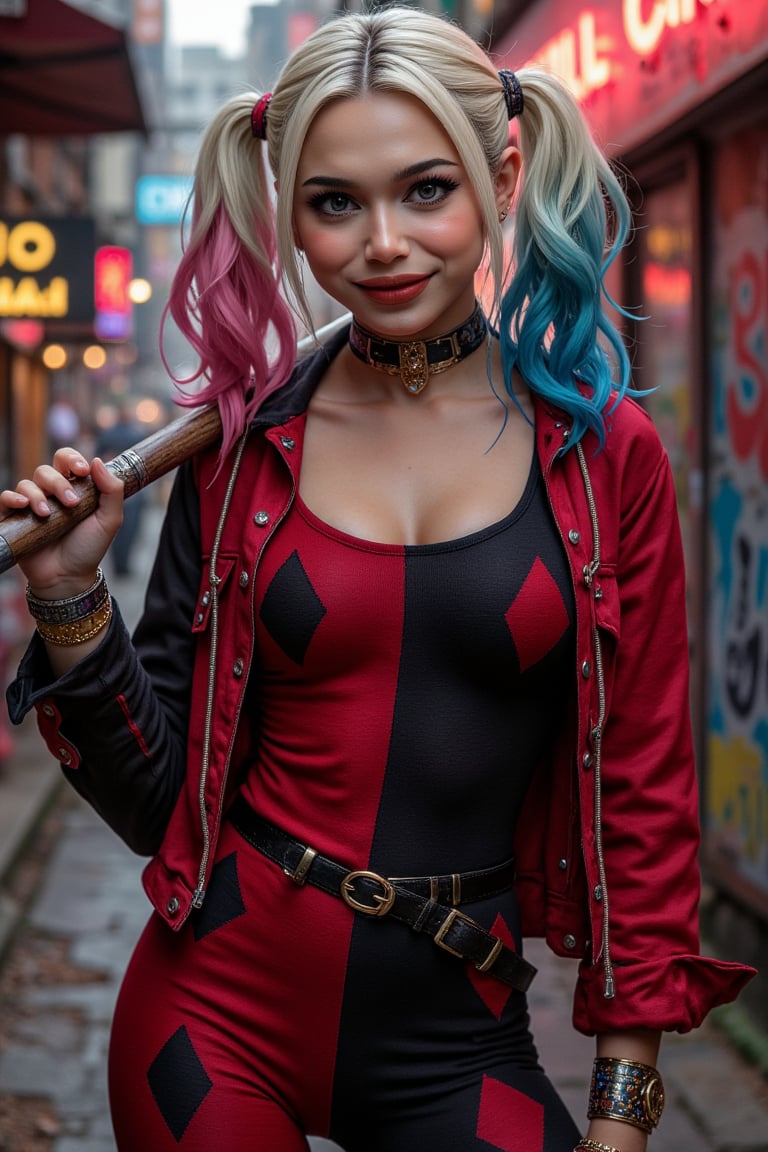 A striking portrayal of Harley Quinn, the iconic DC Comics anti-heroine, standing in an epic pose. She is wearing her classic red and black jester outfit, with alternating diamond patterns. Her two-tone hair is tied in pigtails, half red and half black. She wields her signature oversized mallet in one hand, resting it confidently on her shoulder. Her playful yet menacing smile contrasts with her sharp, dark eye makeup, giving her a mischievous and unpredictable air. In the background, a chaotic urban scene with graffiti and neon lights adds to the atmosphere.