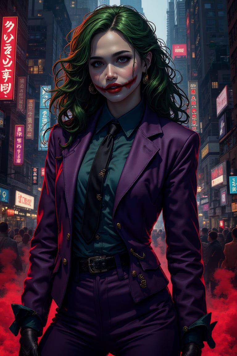 Art of a joker Joker's twisted grin wearing her makeup face, joker face makeup, purple her suit, black glove, red smoke, her green messy long hairstyle, serious badas pose, dark night, neon light city, cyberpunk realistic city background 