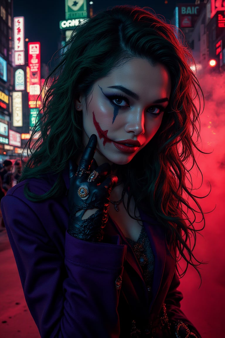 Art of a joker Joker's twisted grin wearing her makeup face, joker face makeup, purple her suit, black glove, red smoke, her green messy long hairstyle, serious badas pose, dark night, neon light city, cyberpunk realistic city background 