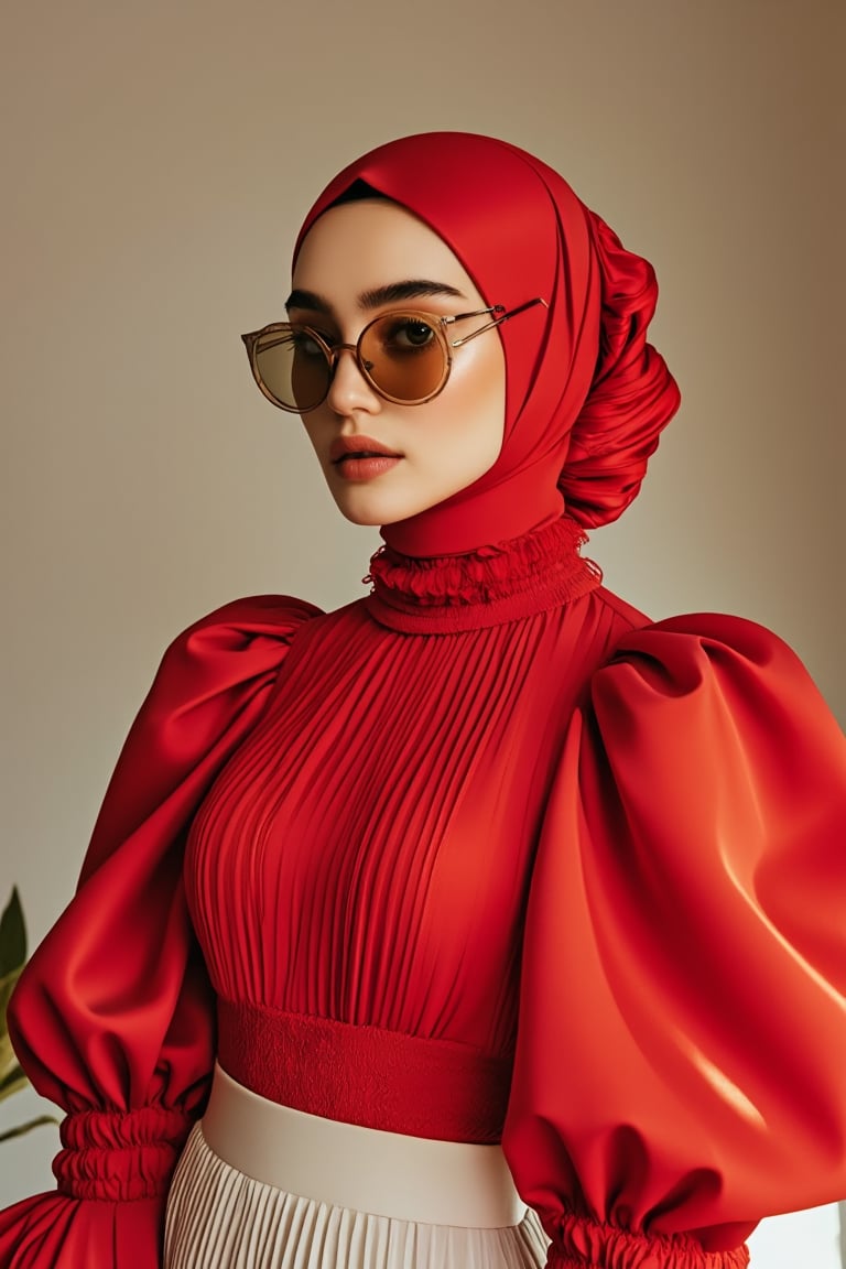 captivating magazine photo cover for ALLURE featuring a stunning Malay woman wearing puffblouse wear. Close-up shot of her face, with stylish brown shades adding a modern touch. Soft natural lighting, highlighting her confident expression and a red blouse with dramatic puffed sleeves, a pleated white skirt, and a matching red hijab. ethereal lighting, evoking a sense of elegance and grace.The composition is balanced, with her eyes looking directly at the camera. The background is subtle, focusing attention on his stylish look and confident demeanor.,J4d3,Puffblouse