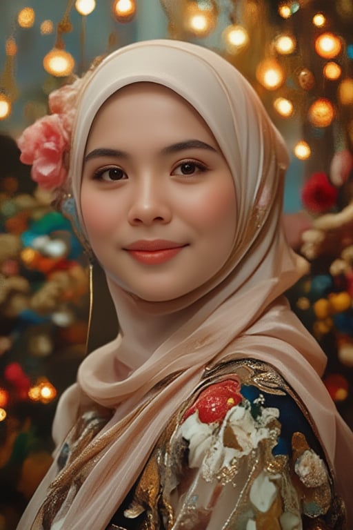 A beauty Malay girl in a Pixomeda style, vibrant and surreal. She is framed in a mid-shot, wearing a loose long hijab, with a happy expression. Soft, warm lighting highlights her elegant features and joyful demeanor. Her pose is relaxed, with a bright smile. The composition is balanced, with intricate details and a dreamlike atmosphere. The background is abstract and colorful, enhancing her cultural and ethereal presence.
