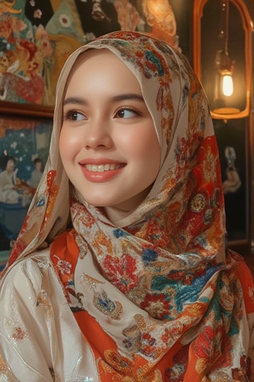 A beauty Malay girl in a Pixomeda style, vibrant and surreal. She is framed in a mid-shot, wearing a loose long hijab, with a happy expression. Soft, warm lighting highlights her elegant features and joyful demeanor. Her pose is relaxed, with a bright smile. The composition is balanced, with intricate details and a dreamlike atmosphere. The background is abstract and colorful, enhancing her cultural and ethereal presence.
