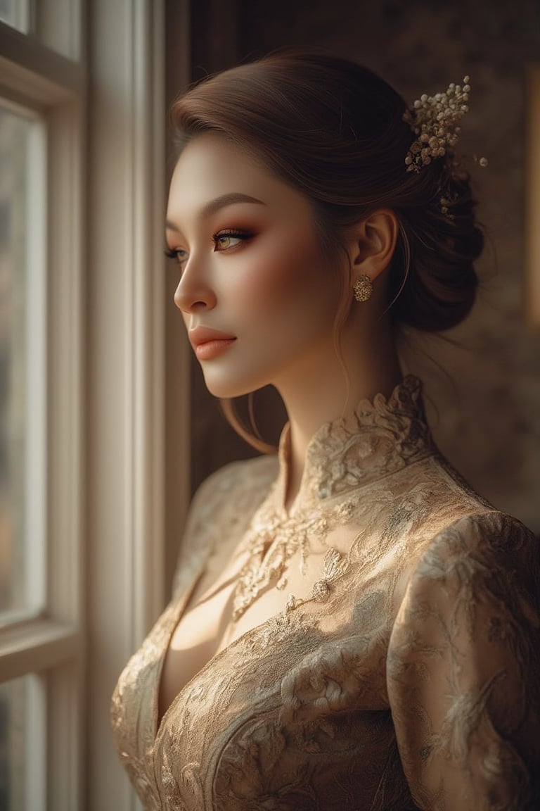 A majestic profile portrait of a stunning woman standing serenely near a window, softly lit from the left to right, casting gentle shadows on her porcelain skin. Delicate tendrils frame her face, showcasing her elegant updo. The soft focus and subtle gradient in the background subtly blur the window's features, drawing attention to her timeless beauty as she wears a lace dress with intricate details.