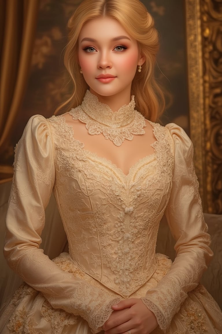 A stately beauty with luminous blonde locks cascading down her back, poses majestically against a soft focus background. A Victorian era gown flows around her curves, its delicate lace and intricate beading catching the warm glow of gentle lighting. The medium shot frames her fully, showcasing the dress's ornate details as she stands tall, exuding timeless elegance.