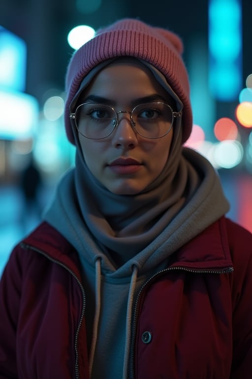 Create a close-up cinematic portrait of a young woman in a city night setting, taken from an eye-level perspective with a slight angle to emphasize her face and upper body. She wears a hijab of soft satin fabric, wearing round vintage-style glasses and a pinky knitted beanie. Her outfit consisted of a dark red winter zip-up jacket layered over a hoodie, giving off a casual streetwear vibe. The lighting is soft and diffused, casting subtle cool-toned highlights on her face and hijab, . The background features a blurred bokeh effect with soft blue and white city lights, enhancing the city atmosphere. The overall color mood is cool and moody, dominated by shades of blue, gray and silver, creating a calm yet mysterious and slightly futuristic aesthetic.