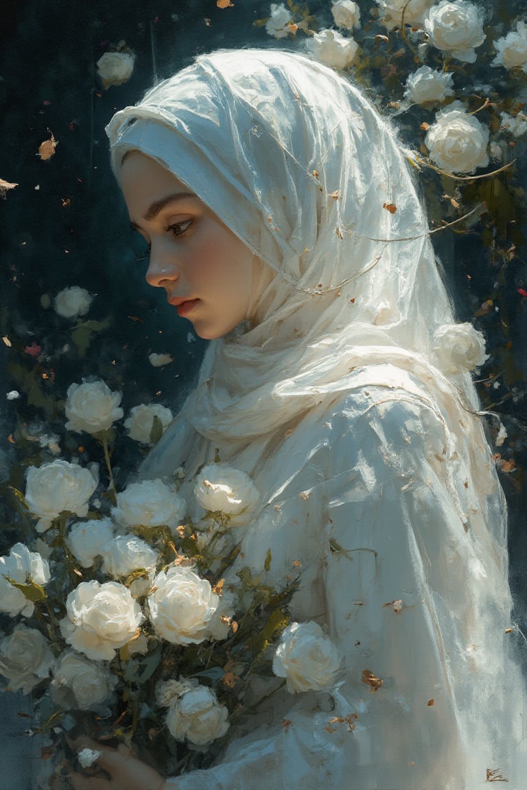 Ink+alcohol brush painting, a beautiful girl in hijab, wearing a holy white Muslim robe gown, holding a bouquet of white tulips, a bunch of white roses flying, gloomy atmosphere, beautiful lighting