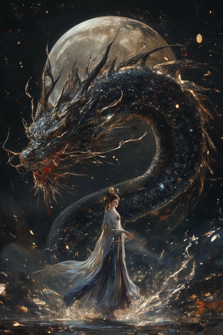 a beautiful chinese warrior girl, wearing traditional chinese clothing, walking with splashing water, from the front view of a giant black dragon with glitter glitter scales with a fierce face, half round moon, dark background, surrealism lighting, photography