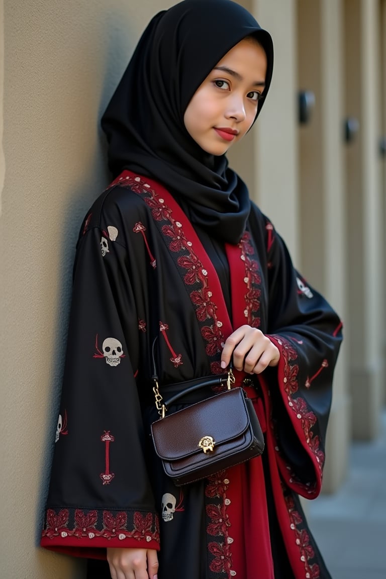 a girl in a beautiful hijab, wearing a layered robe with a black + red skull pattern, holding a leather skull handbag, leaning against the wall in model style, photography