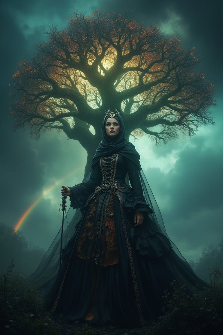 a beautiful fantasy girl, wearing a hijab, wearing a steampunk gown ruffles dress, the atmosphere of a big glowing tree, dark clouds and a flashing rainbow, gloomy atmosphere, masterpiece image detail and sharp, photography