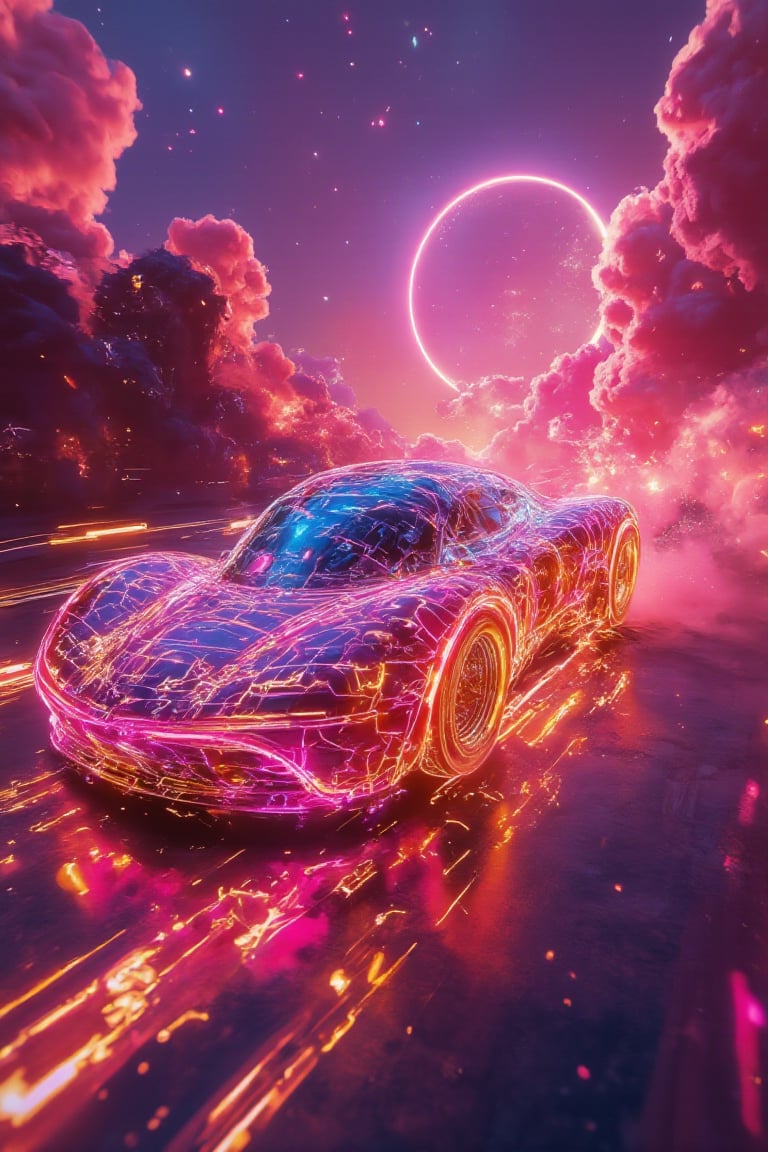 A futuristic racecar made of neon glowing wireframes with a completely hollow void at its center, speeding through an otherworldly canyon with glowing crystalline walls. The wireframe pulses in vibrant rainbow hues, shifting and bending with the car's velocity. As it zooms forward, it leaves behind spiraling trails of luminescent particles that distort the space around it. The void body absorbs all light, creating a surreal contrast to the vibrant glowing frame, while distant floating islands and alien constellations shimmer in the neon haze, amplifying the energy of the scene.,Gambit,cloudy,Neonwireframe