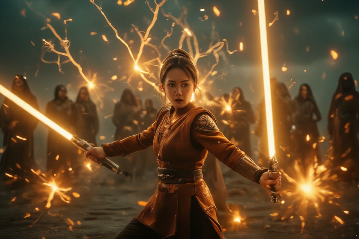 An angry female Sith Lord with a fiery demonic aura unleashes an intense offensive lightsaber strike through a stormy battlefield at dusk. The scene is captured from a low-angle shot, highlighting the ferocity in her glowing eyes. Flashing lightning creates dramatic shadows on the Sith Lord's armor, with sparks emphasizing the power of her attack. The background features blurred silhouettes of opposing warriors, all blurred to accentuate the Sith Lord's movement. The dark, thunderous sky enhances the overall menacing atmosphere.
(1.6-1) dS = δQ_rev T::0.8 Sith Lord::0.2 Demonic Aura --s Cinematic Epic.,Magicallights,divinelights,Lightsaberpose,Enhanced all