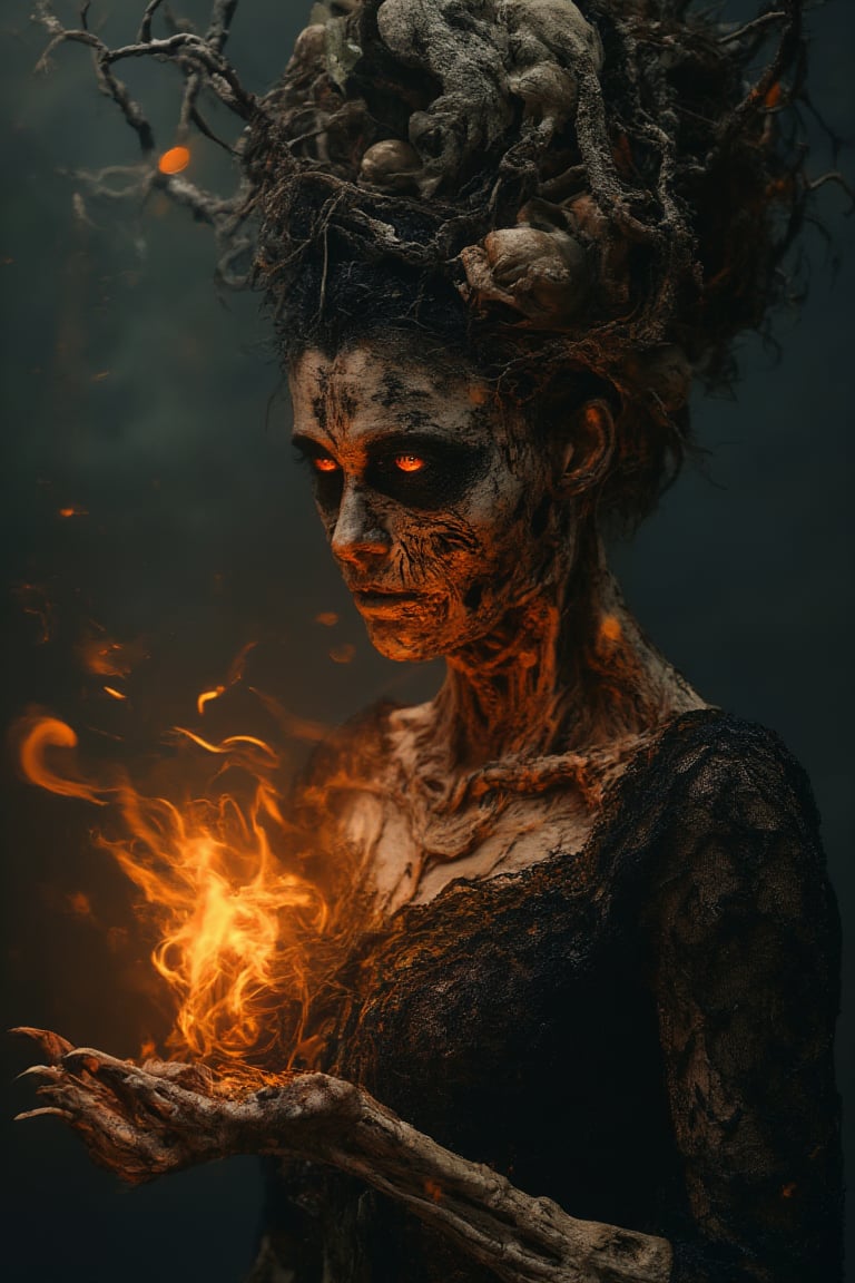 Generate hyper realistic image of a dark, haunting woman with macabre and mystical features. Her face is eerie and skeletal, covered in intricate patterns that resemble roots and vines, giving it a decaying, earthy appearance. Her eyes glow a bright, fiery orange. She is wearing crown-like headpiece made of twisted branches and skulls. The branches fan out from her head, some of them resembling gnarled tree roots, while numerous skulls are embedded within the design. Her clothing is dark and lacy, resembling an ancient, decayed wedding dress. The delicate lace details are contrasted by the rough, bark-like textures that blend into her skin. Her hands are elongated and bony, with sharp, claw-like fingers. Her body is mostly obscured by her dark clothing and the glowing energy she manipulates. The background is dark and shrouded in mist, with faint outlines of twisted trees and decaying branches.,Magicallights,divinelights