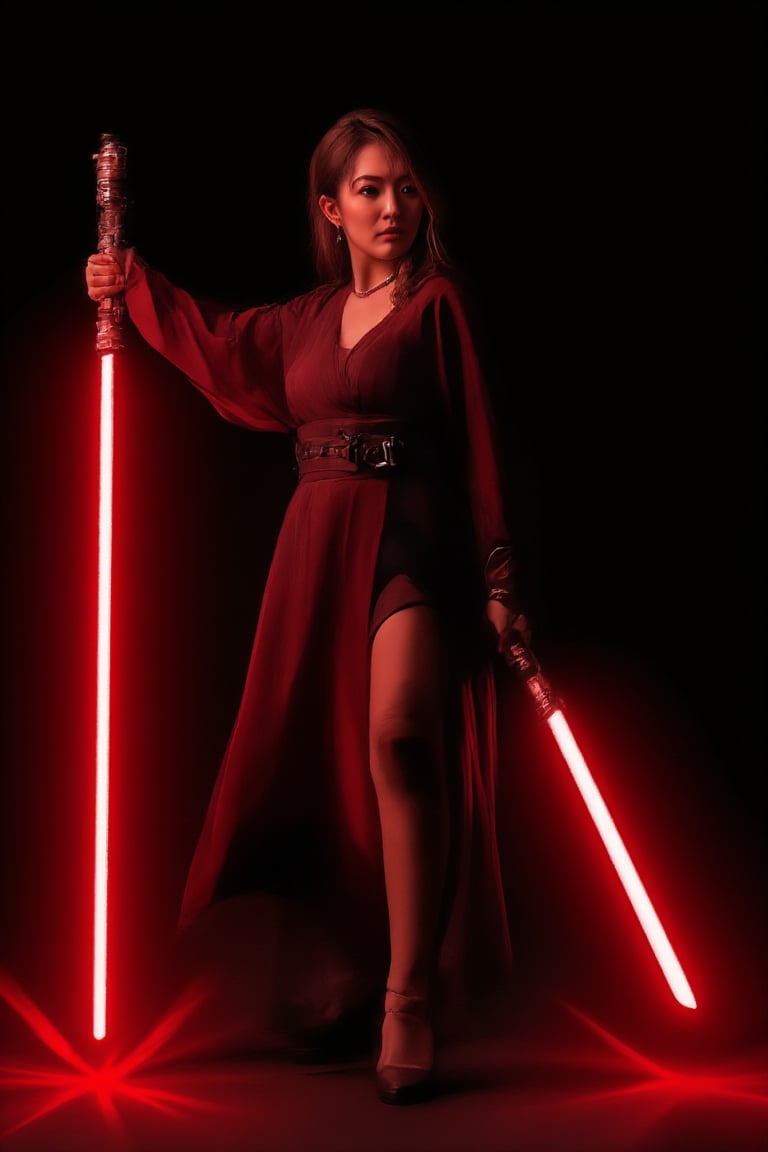 A beautiful female Sith lord stands against a black background, captured in a studio photoshoot setting. She holds a red lightsaber in an elegant, yet intimidating choreographed pose, her body gracefully angled to showcase both her fierce presence and poise. The flowy black robe she wears swirls dramatically around her, accentuated by her movement. Studio lighting illuminates her face and highlights the rich textures of her robes, while the red glow from the lightsaber adds a striking contrast, emphasizing her commanding aura. The overall effect is both powerful and artistically captivating. A bold text typography effect reads "FLUX" in the style of a poster, seamlessly integrated into the composition.,Magicallights,divinelights,Lightsaberpose,Enhanced all