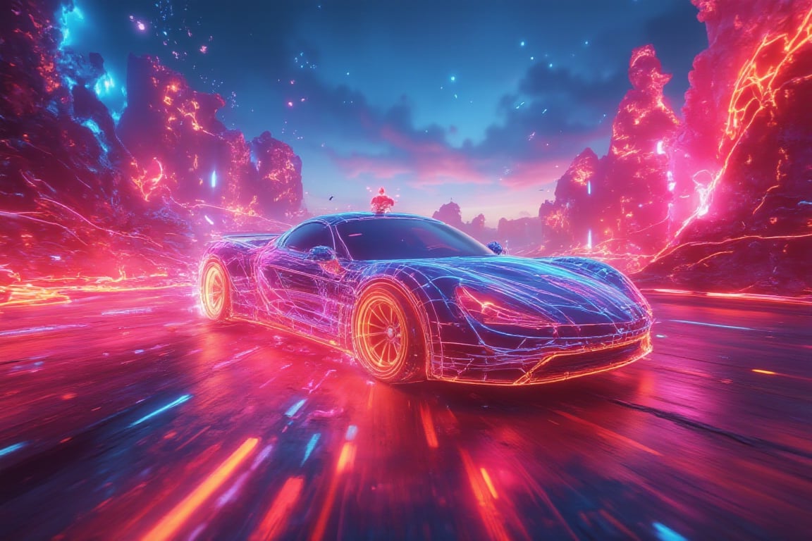 A futuristic racecar made of neon glowing wireframes with a completely hollow void at its center, speeding through an otherworldly canyon with glowing crystalline walls. The wireframe pulses in vibrant rainbow hues, shifting and bending with the car's velocity. As it zooms forward, it leaves behind spiraling trails of luminescent particles that distort the space around it. The void body absorbs all light, creating a surreal contrast to the vibrant glowing frame, while distant floating islands and alien constellations shimmer in the neon haze, amplifying the energy of the scene.,Gambit,cloudy,Neonwireframe