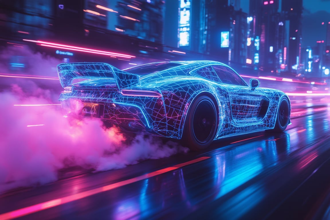 A high-speed action scene of a racecar made entirely of neon glowing wireframes. The car is speeding along a futuristic track, with glowing blue, purple, and green lines defining its structure. The motion is emphasized by streaks of light trailing behind the car and clouds of smoke billowing out from the tires. The glowing wireframe design is sleek and aerodynamic, with the smoke adding intensity to the scene. The background features a futuristic city with tall buildings illuminated by neon lights, slightly blurred to emphasize the motion of the speeding car. Dramatic lighting enhances the neon glow, making the car the central focus. The scene is dynamic, capturing the energy and excitement of high-speed racing.,Gambit,cloudy,Neonwireframe