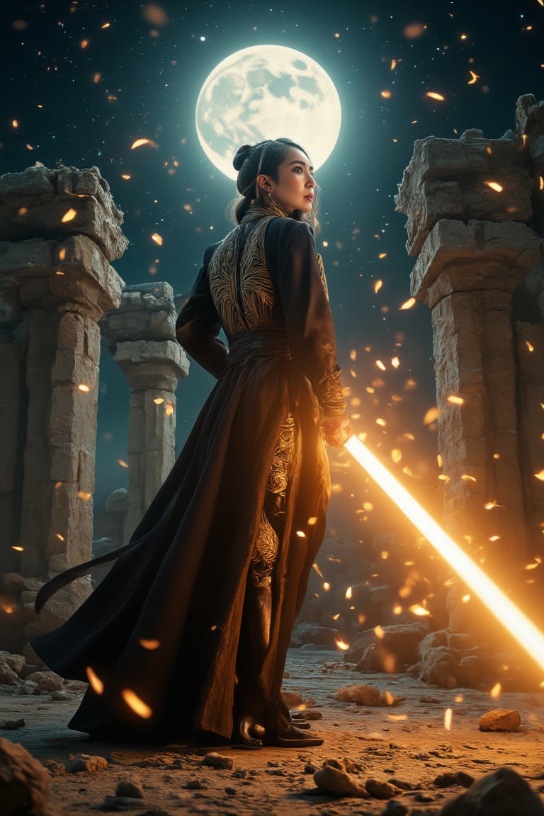 A furious female Sith Lord with a swirling demonic aura performs an intense offensive lightsaber strike through ancient temple ruins at midnight. The scene is captured from an over-the-shoulder angle, highlighting the intricate designs on her cloak. Moonlight creates an eerie glow on the Sith Lord's blade, with shadows emphasizing her ominous presence. The background features crumbling pillars and drifting mist, all blurred to accentuate the Sith Lord's movement. The star-filled night sky enhances the overall mystical atmosphere.
(1.6-1) dS = δQ_rev T::0.7 Sith Lord::0.3 Temple Ruins --s Dark Fantasy,Magicallights,divinelights,Lightsaberpose,Enhanced all