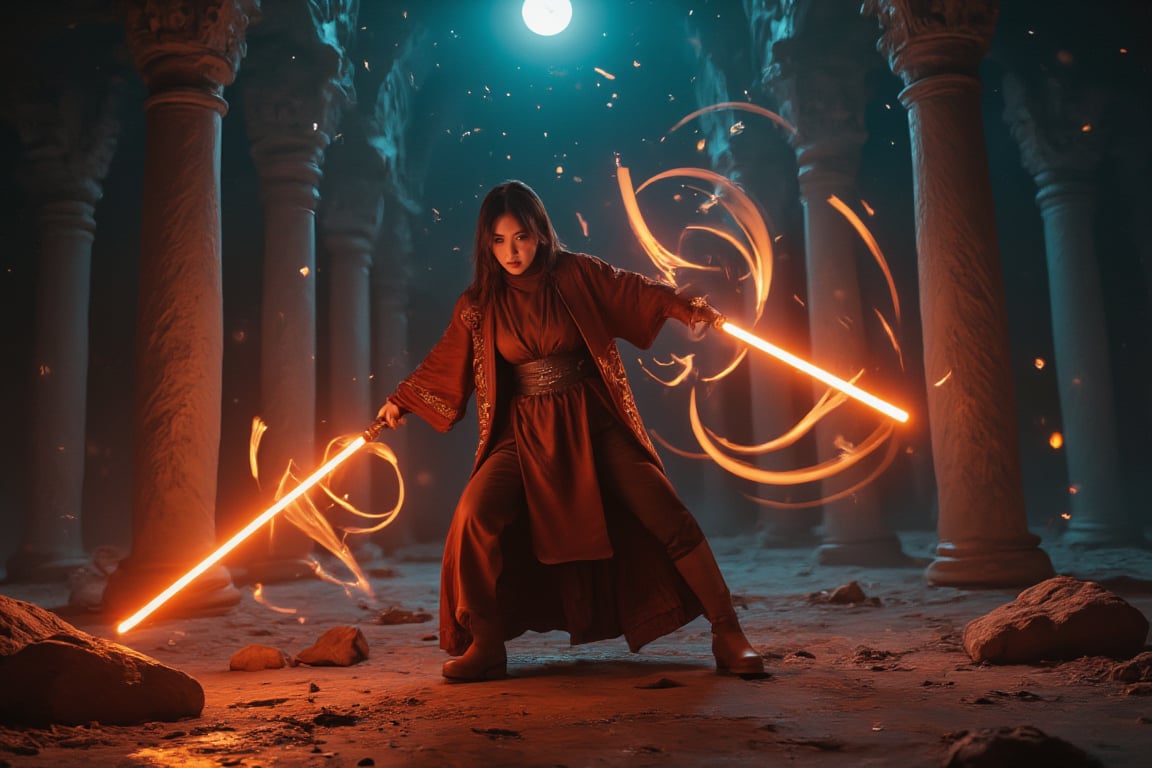 A furious female Sith Lord with a swirling demonic aura performs an intense offensive lightsaber strike through ancient temple ruins at midnight. The scene is captured from an over-the-shoulder angle, highlighting the intricate designs on her cloak. Moonlight creates an eerie glow on the Sith Lord's blade, with shadows emphasizing her ominous presence. The background features crumbling pillars and drifting mist, all blurred to accentuate the Sith Lord's movement. The star-filled night sky enhances the overall mystical atmosphere.
(1.6-1) dS = δQ_rev T::0.7 Sith Lord::0.3 Temple Ruins --s Dark Fantasy,Magicallights,divinelights,Lightsaberpose,Enhanced all