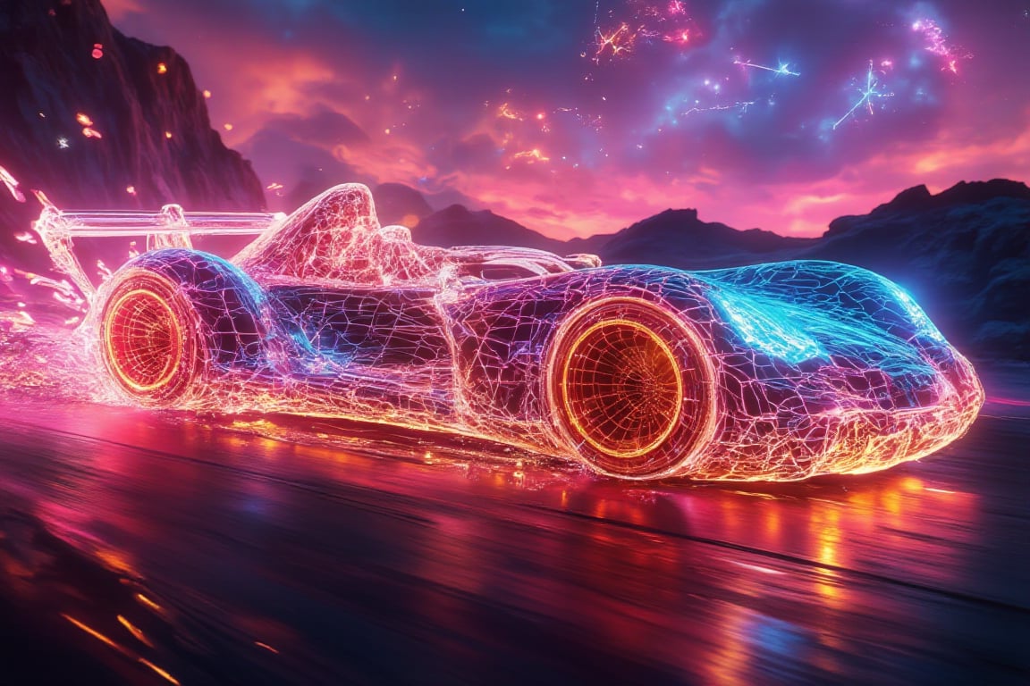 A futuristic racecar made of neon glowing wireframes with a completely hollow void at its center, speeding through an otherworldly canyon with glowing crystalline walls. The wireframe pulses in vibrant rainbow hues, shifting and bending with the car's velocity. As it zooms forward, it leaves behind spiraling trails of luminescent particles that distort the space around it. The void body absorbs all light, creating a surreal contrast to the vibrant glowing frame, while distant floating islands and alien constellations shimmer in the neon haze, amplifying the energy of the scene.,Gambit,cloudy,Neonwireframe