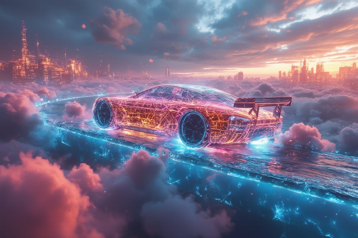 An ethereal racecar constructed from glowing neon wireframes with a void body, racing across a liquid glass track suspended in the clouds. The wireframe structure pulses with holographic light, refracting rainbows across the transparent road as it carves through the mist. The void body consumes all light, creating a striking contrast against the radiant wireframe. Floating cities made of translucent crystals surround the scene, casting refracted light that dances in harmony with the neon car. Clouds swirl beneath the track, adding a dreamlike, otherworldly quality to the high-speed chase,Gambit,Neonwireframe,distopi