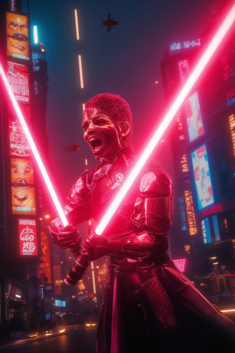 A seething female Sith Lord with an intense demonic aura launches an offensive lightsaber strike through a futuristic cityscape at twilight. The scene is captured from a side angle, highlighting the neon lights reflecting off her armor. Urban lighting creates vivid glows on the Sith Lord's lightsaber, with holographic billboards emphasizing the high-tech setting. The background features towering skyscrapers and flying vehicles, all blurred to accentuate the Sith Lord's movement. The glowing skyline enhances the overall sci-fi atmosphere, cip4rf,Magicallights,divinelights,Midjourney_Whisper,Neonwireframe,Lightsaberpose