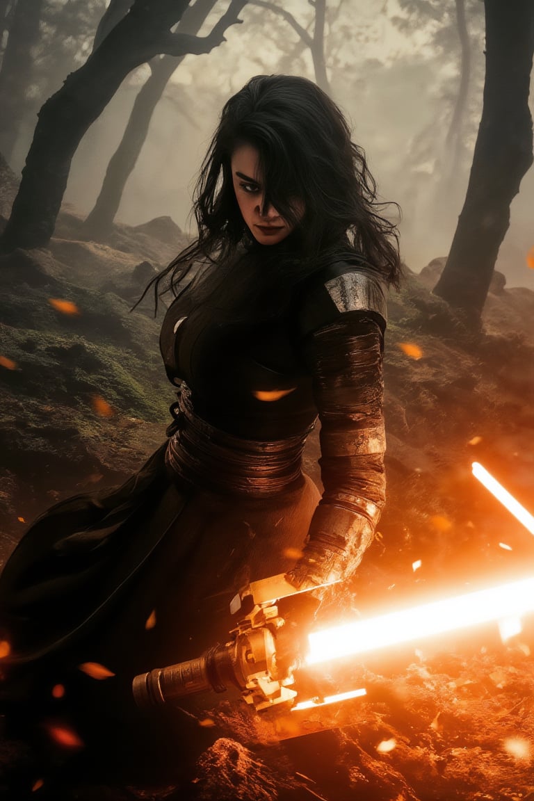 An enraged female Sith Lord with a shadowy demonic aura executes an intense offensive lightsaber strike through a dense forest at dawn. The scene is captured from a bird's-eye view, highlighting the swirling energy around her. Soft morning light creates subtle reflections on the Sith Lord's armor, with falling leaves emphasizing the speed of her movement. The background features towering trees and fog, all blurred to accentuate the Sith Lord's movement. The rising sun enhances the overall dramatic atmosphere.,volcanicsword,Lightsaberpose,Lightsaberweapon