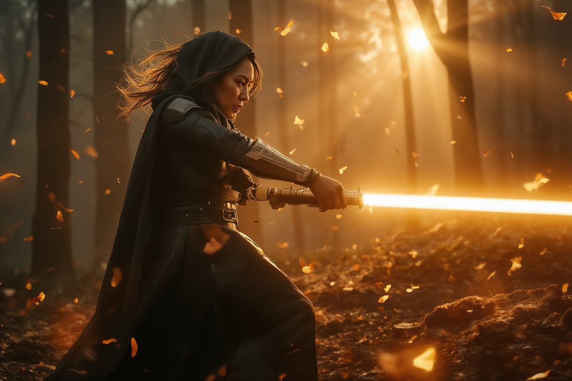 An enraged female Sith Lord with a shadowy demonic aura executes an intense offensive lightsaber strike through a dense forest at dawn. The scene is captured from a bird's-eye view, highlighting the swirling energy around her. Soft morning light creates subtle reflections on the Sith Lord's armor, with falling leaves emphasizing the speed of her movement. The background features towering trees and fog, all blurred to accentuate the Sith Lord's movement. The rising sun enhances the overall dramatic atmosphere.,volcanicsword,Lightsaberpose,Lightsaberweapon