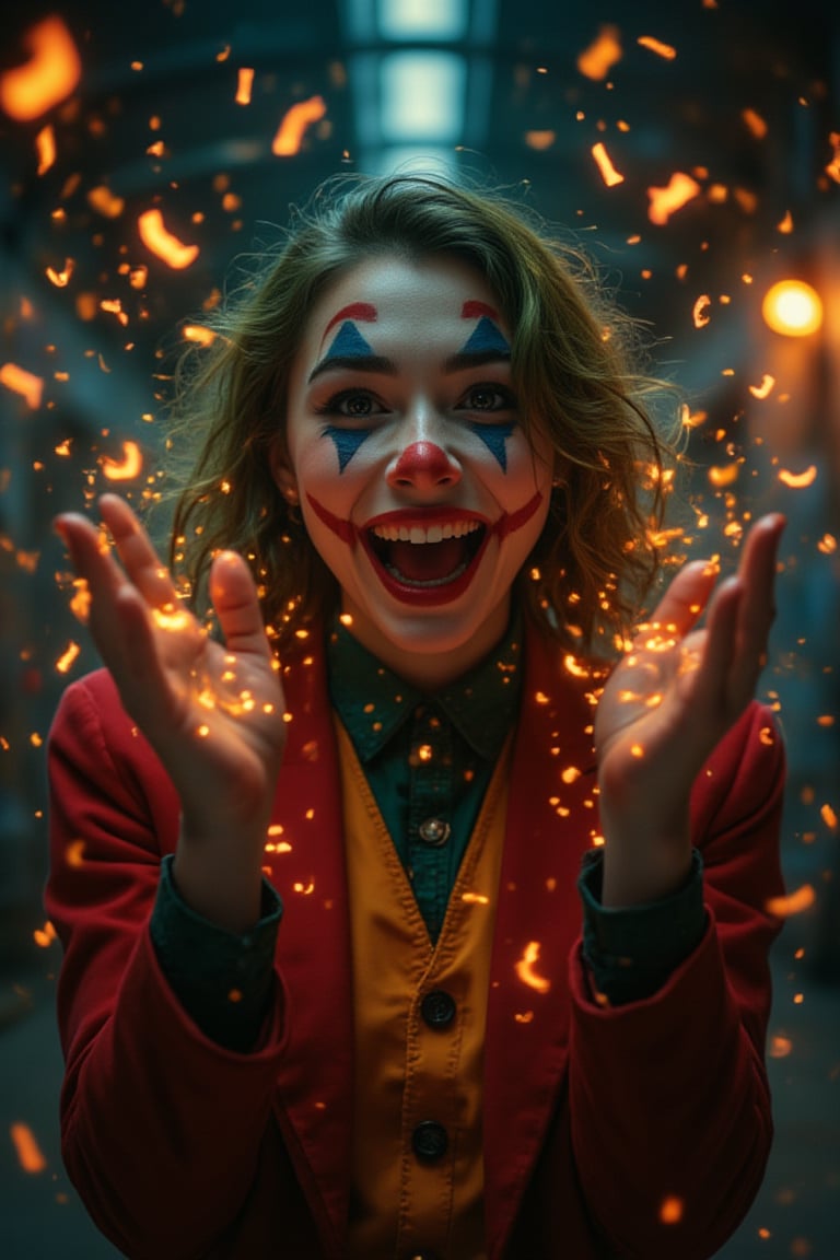 A female joker with sharp, geometric face paint clapping excitedly through a dark, graffiti-covered subway station at dawn.
The scene is captured from a fisheye lens, highlighting her chaotic hand movements and wide grin.
Dim, flickering lights create a gritty effect on the joker’s face, with shadows emphasizing her gleeful gestures.
The background features graffiti-covered walls and distant train lights, all blurred to accentuate the joker’s euphoric clapping.
The early morning haze enhances the overall underground, rebellious atmosphere.

detailed illustration,best quality, masterpiece,  dramatic lighting,  High Definition HD, High Detail, Perfect Composition, mythp0rt,missjoker

Magicallights,divinelights
It's a (supernatural):0.8 communion.