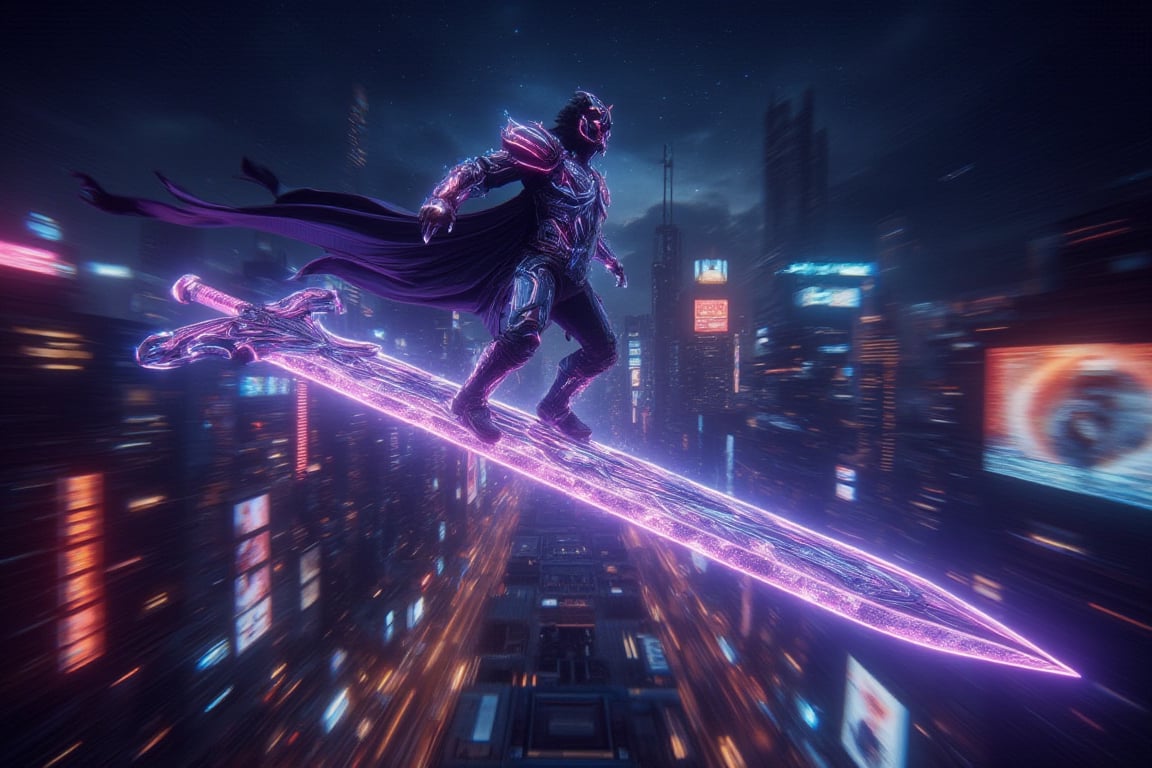 A warrior with a glowing neon wireframe flying crystal sword rides through a futuristic cityscape at midnight. The scene is captured from a low-angle shot, highlighting the luminescent patterns on the sword. Neon lights create vibrant reflections on the warrior's armor, with light trails emphasizing the speed of flight. The background features towering skyscrapers and holographic billboards, all blurred to accentuate the warrior's movement. The starry night sky enhances the overall cyberpunk atmosphere.,Neonwireframe,ridingsword,Crystal Sword