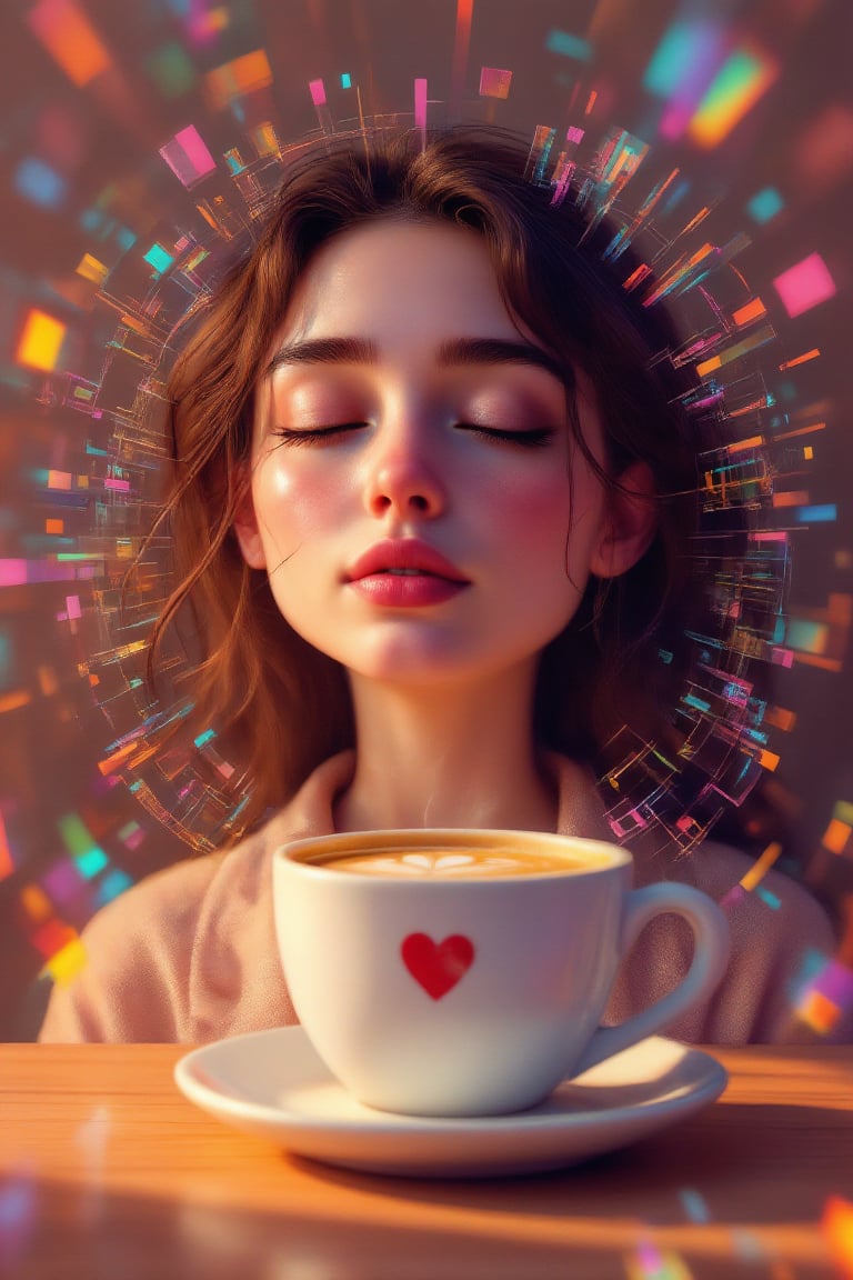 Morning coffee relaxing vibes of a kawaii woman, with colorful prism color effects,3Dmorningcoffee,PrismKaleidoscope