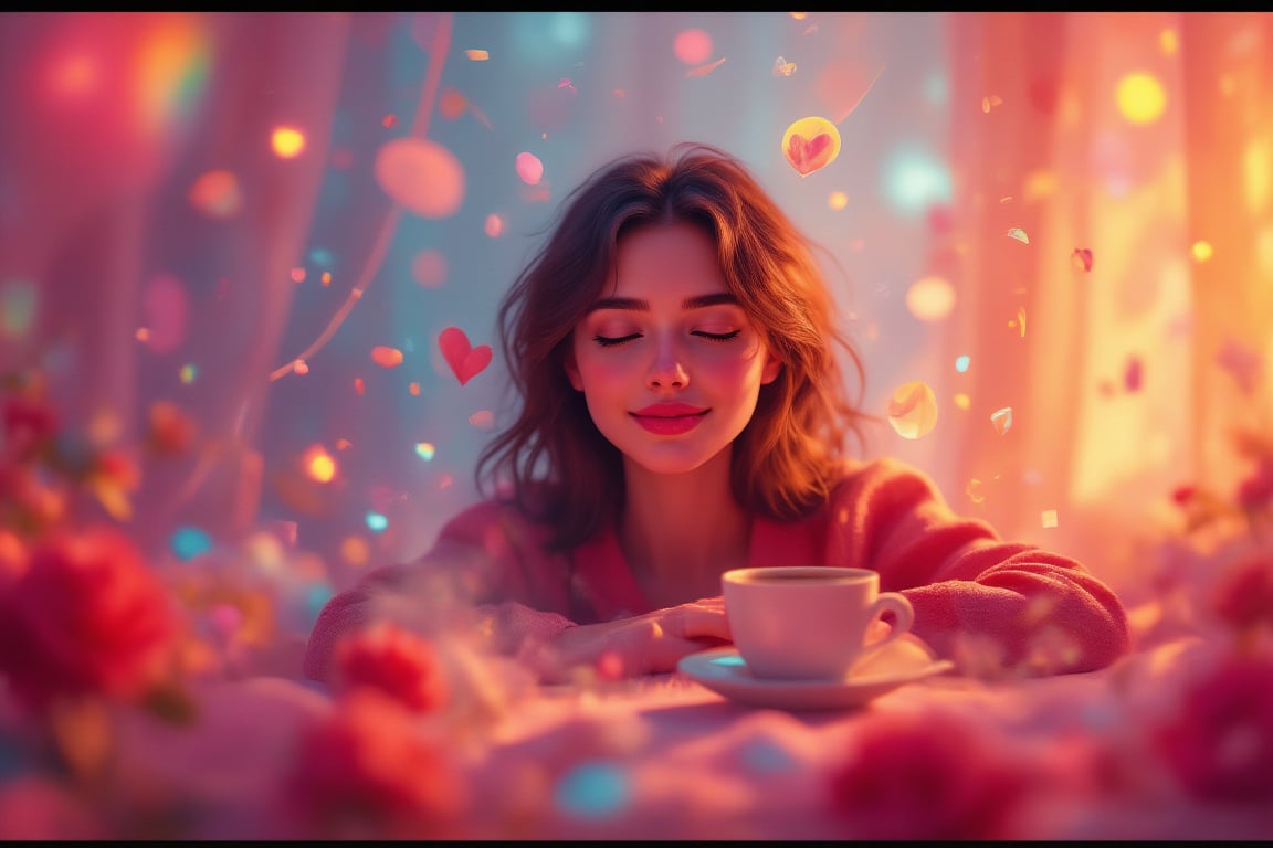 Morning coffee relaxing vibes of a kawaii woman, with colorful prism color effects,3Dmorningcoffee,PrismKaleidoscope,art_solyanka