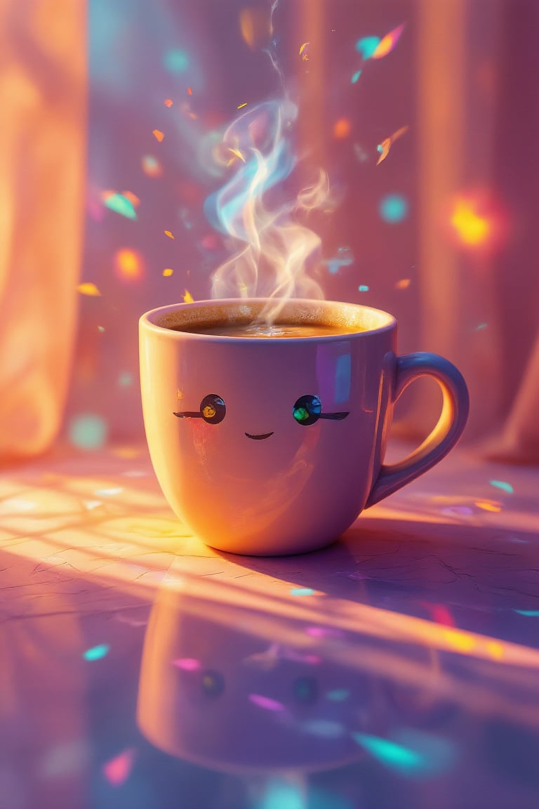 Morning coffee relaxing vibes of a kawaii woman, with colorful prism color effects,3Dmorningcoffee,PrismKaleidoscope,art_solyanka