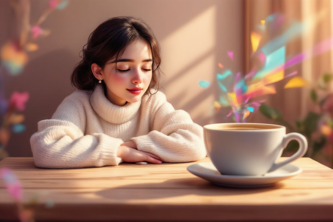 Morning coffee relaxing vibes of a kawaii woman, with colorful prism color effects,3Dmorningcoffee,PrismKaleidoscope