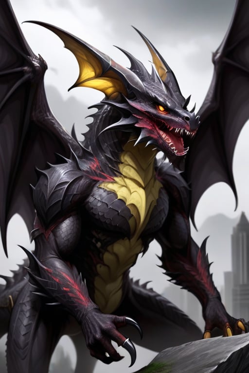 Black dragon, crimson scales, sharp teeth, long sharp claws, bright yellow eyes, large bat wings, burly, terrifying.