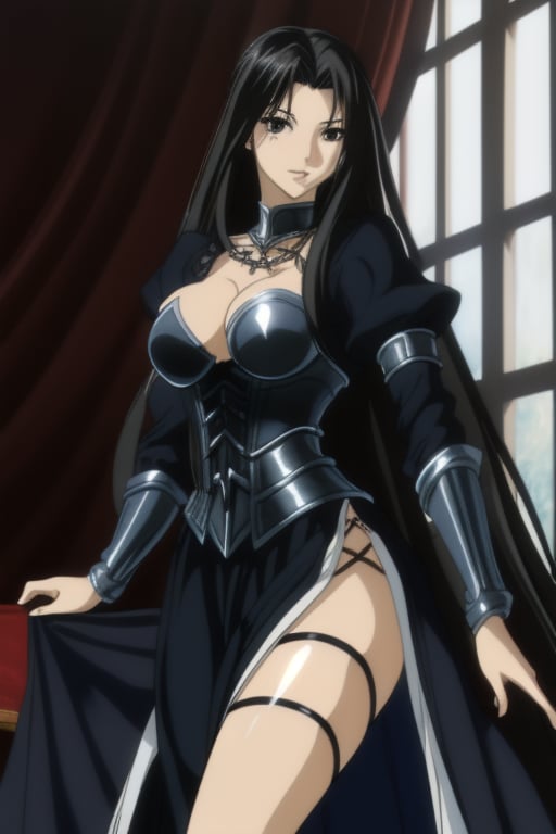 1girl, Pandora of Saint seiya Lost canvas, Muver in her 30's white, very long and shiny black hair, black eyes, long pure black dress, open leg at the thigh, black metal corset in the shape of armor, wearing a black braid, metal ornament on the leg in the shape of a black snake,